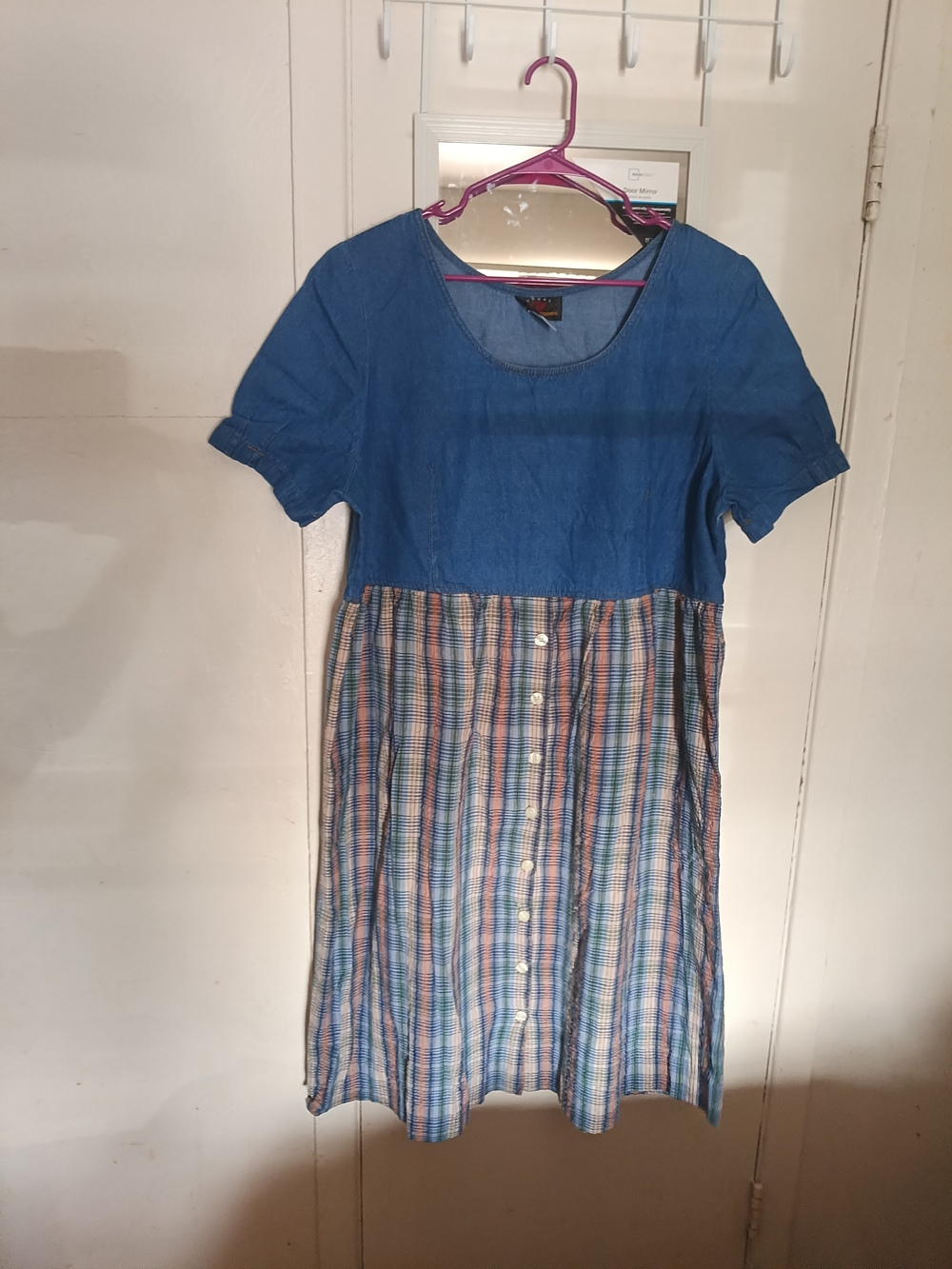 Vintage Truly Yours Casual Blue Chambray Top with Multicolor Stripe Skirt Dress